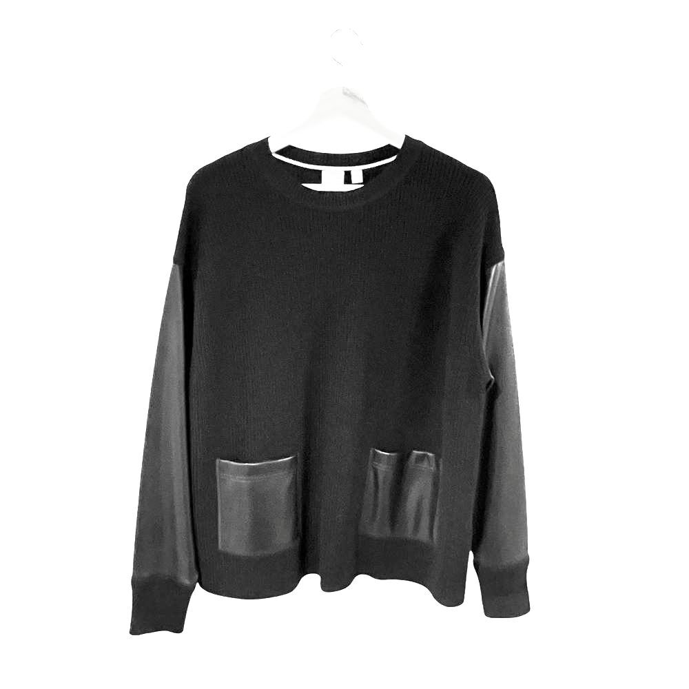 BOSS Women’s Black Wool Sweater Faux Leather Sleeves Sz M Minimalist Capsule